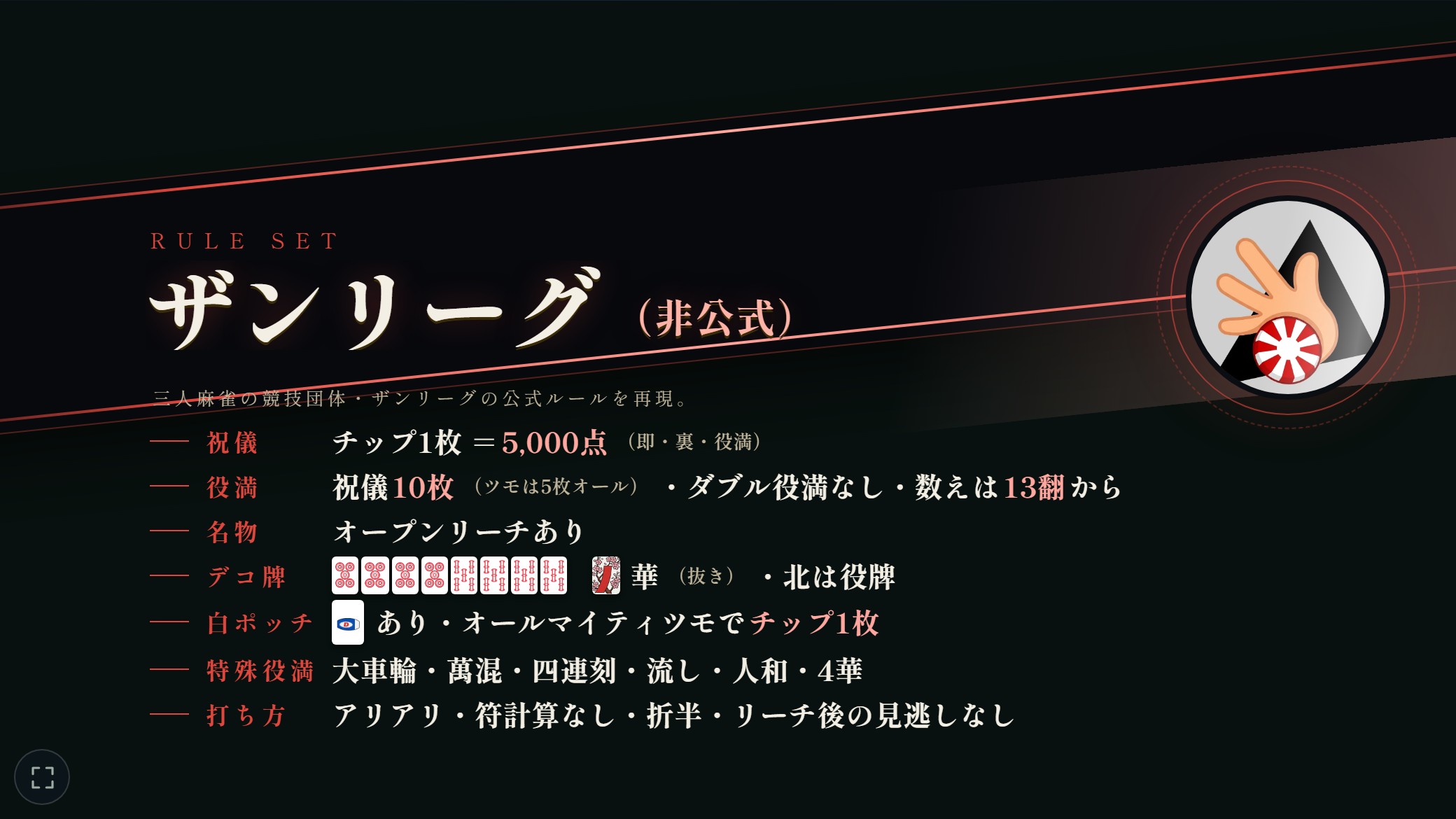 ザンリーグのオープニング演出。祝儀・役満・名物・デコ牌・白ポッチ・特殊役満・打ち方の一覧