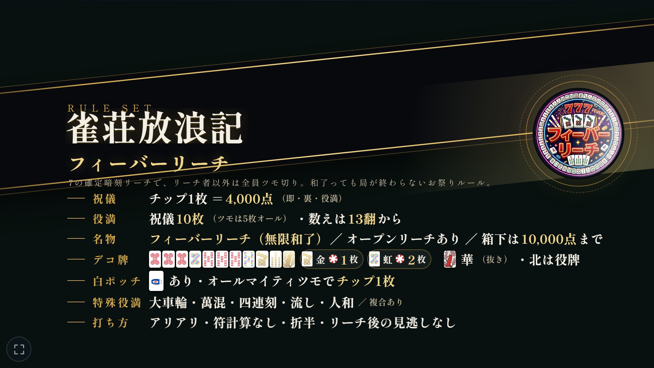 雀荘放浪記フィーバーリーチのオープニング演出。フィーバーリーチのルール一覧